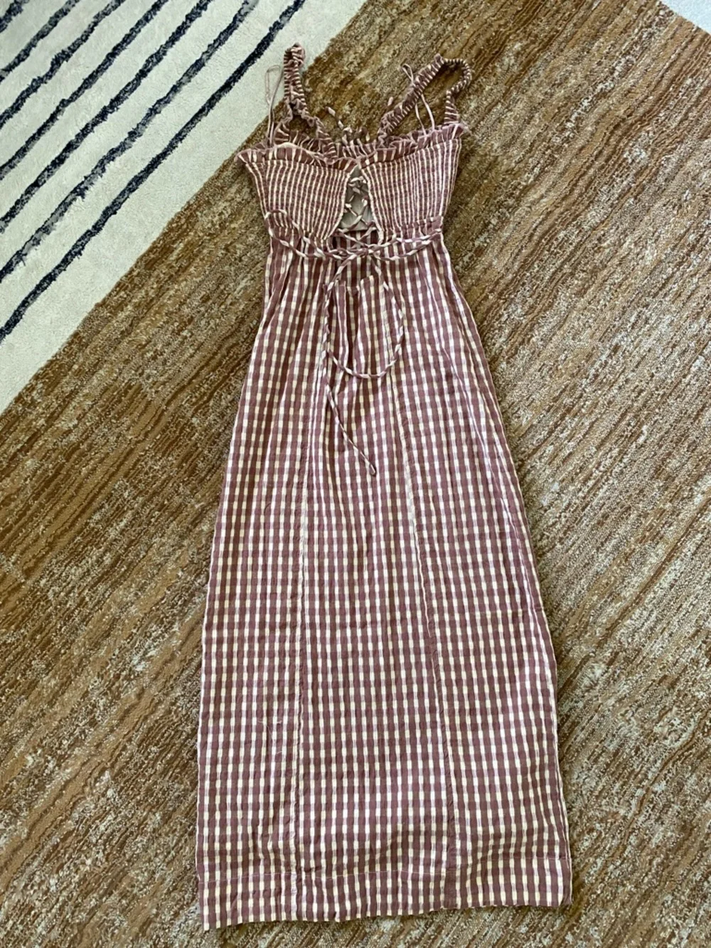New Free People Lucinda Plaid Printed Midi Dress- Lavender Combo